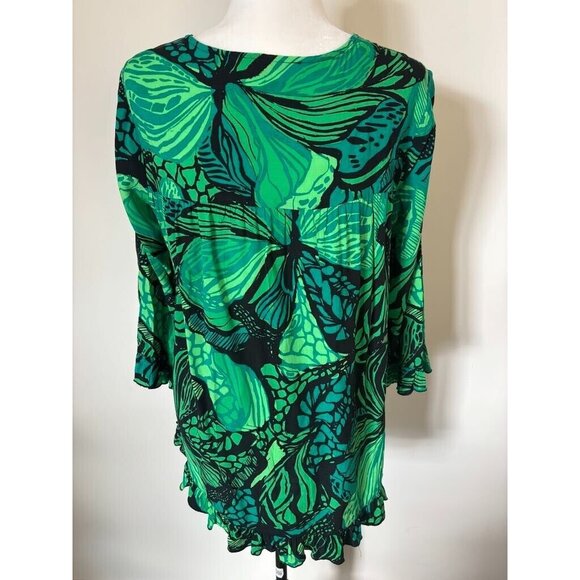 CLARITY Top Blouse Size Small 3/4 Sleeves Tropical Green Floral Ruffle Trim - Picture 6 of 8